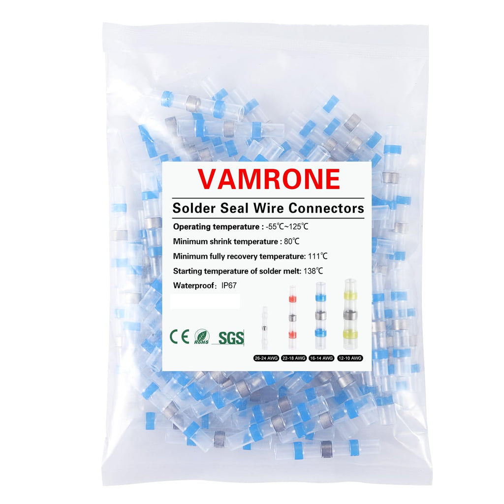 500PCS Blue Waterproof Solder Seal Wire Connectors 16-14 AWG, Heat Shrink Butt Connectors Terminals Solder Sleeve Wire Splice Connector for Marine Boat Wire Joint