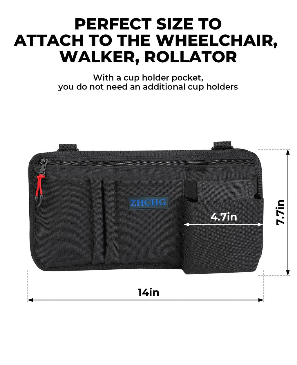 ZHCHG Wheelchair Side Bag with Cup Holder, Wheelchair Armrest Pouch Accessories for Walker, Rollator, Electric Scooter Wheelchairs, Ideal Gift for Mother's Day & Father's Day