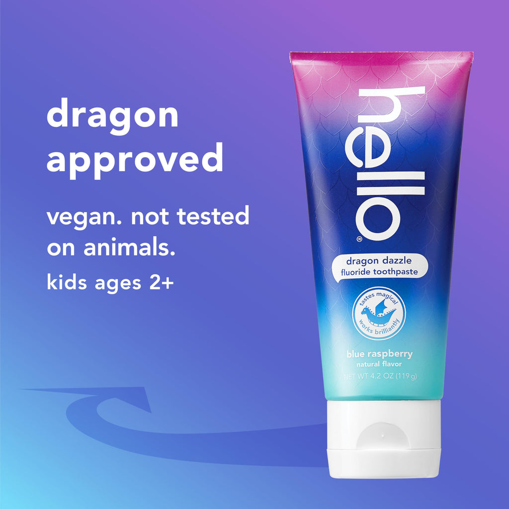Hello Dragon Dazzle Blue Raspberry Kids Toothpaste, Fluoride Toothpaste, Ages 2+, No Artificial Sweeteners, No SLS, Gluten Free, Vegan, Pack of 12, 4.2 OZ Tubes