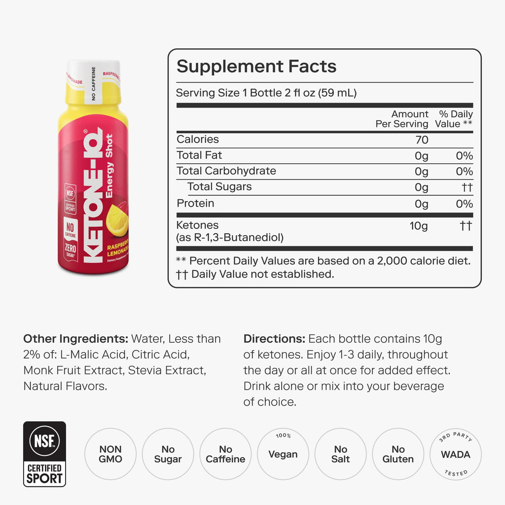 Ketone-IQ No Caffeine Performance Energy Shots – Ketone Fuel for Focus & Endurance, Metabolism Support, 10g Ketones, 24 Pack (Raspberry Lemonade)