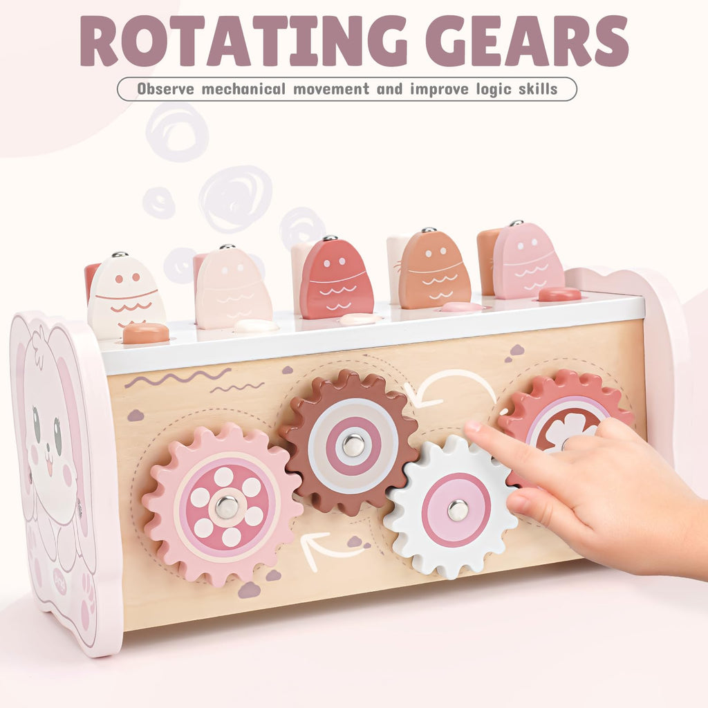 Joyreal Montessori Toys for 1 Year Old Girl Gift - Pink Wooden Hammering Pounding Toy with Xylophone & Fishing Game - Toddler Learning Activities for Kids 1+ 2 3 Year Old Christmas Birthday Gifts