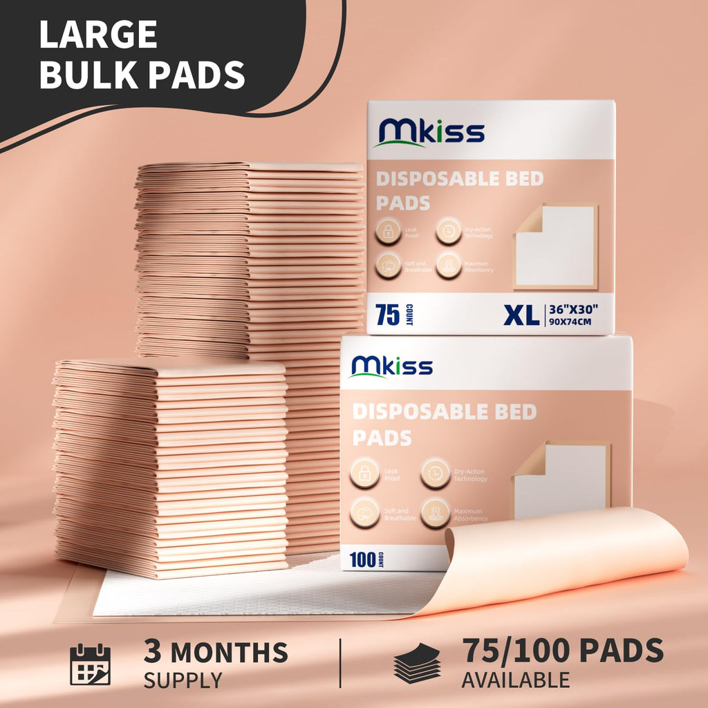 MKISS Bed Pads Disposable [100 Count] Adult Incontinence Underpads 30" x 36" Heavy Duty Absorbent Pee Pad, XL Chucks Leakproof, Extra Large Puppy Training Pad, Waterproof Baby Changing Pad