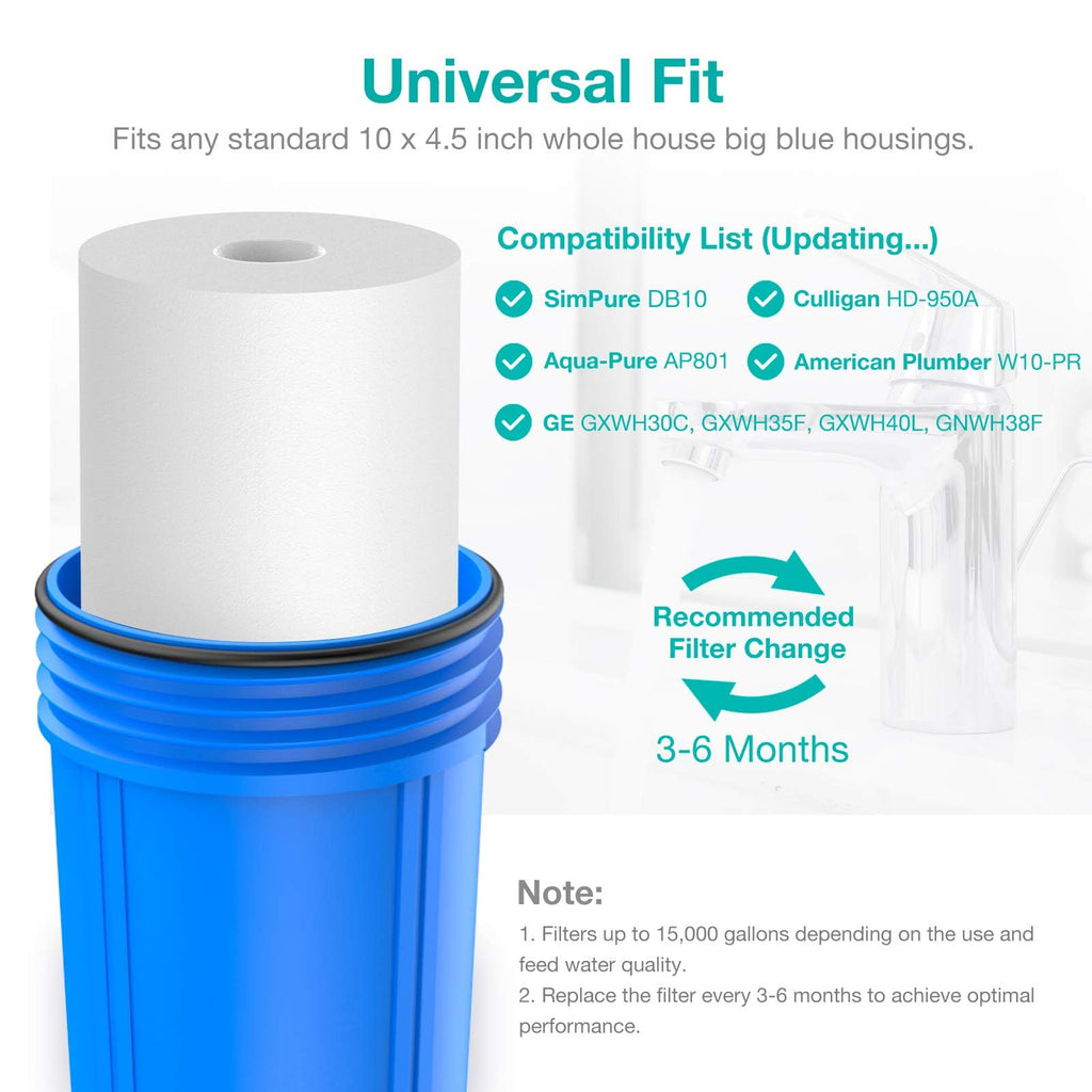 SimPure Sediment Water Filters, 5 Micron 10" x 4.5" Whole House Water Filter Replacement Compatible for W15-PR, DGD-5005, FP15B, HD-950A, GXWH35F, GXWH30C for Well Water, 4 Pack
