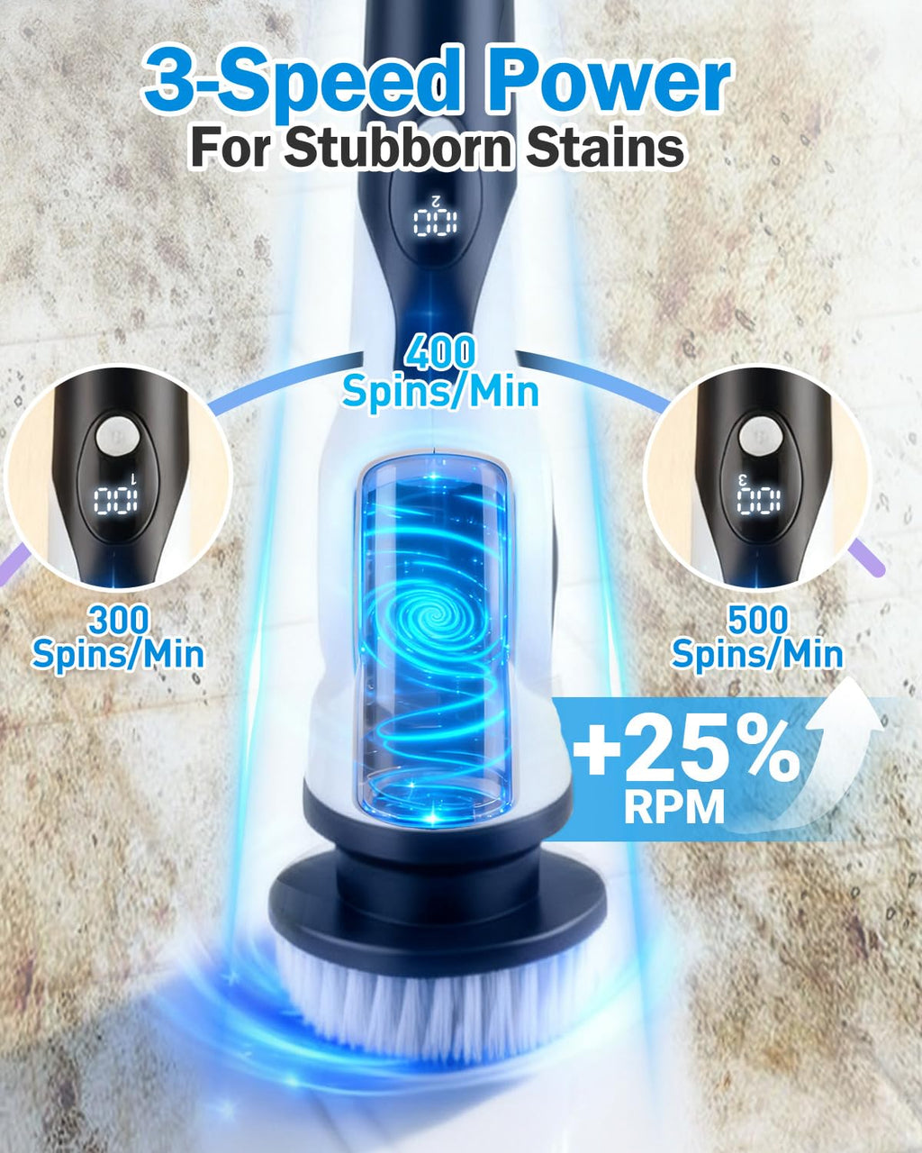 Electric Spin Scrubber, 3-Speed Cordless Shower Scrubber with 90° Adjustable & 10 Replaceable Brush Heads, 90 Mins Runtime & Full-Body IPX7 Waterproof Shower Cleaner Brush with Long Handle