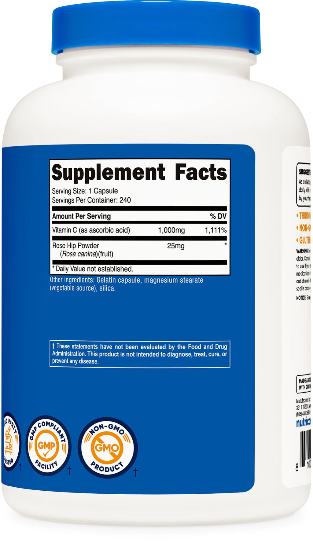 Nutricost Vitamin C with Rose HIPS 1025mg, 240 Capsules (2 Bottles) - Premium Non-GMO, Gluten Free Vitamin C Supplement