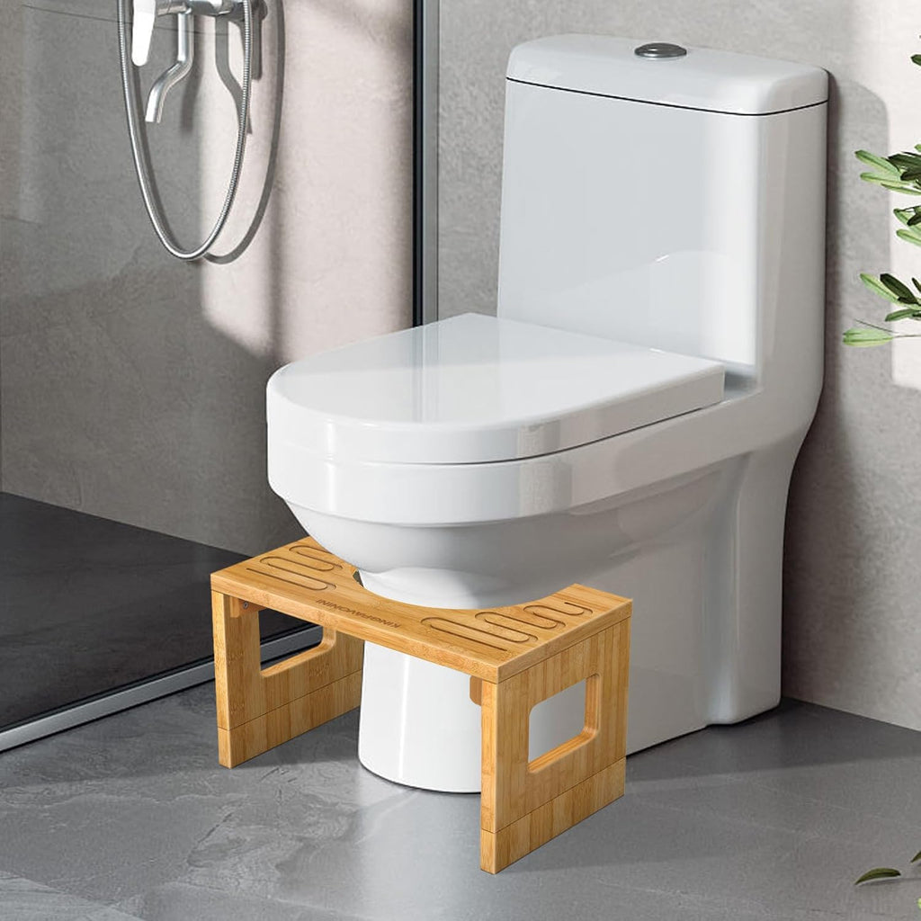 KingPavonini Bamboo Toilet Stool Squat 7in & 9in Adjustable Heights, Foldable Potty Stool for Adults with Non-Slip Layer to Improve Bathroom Posture and Comfort, 400 lbs Capacity