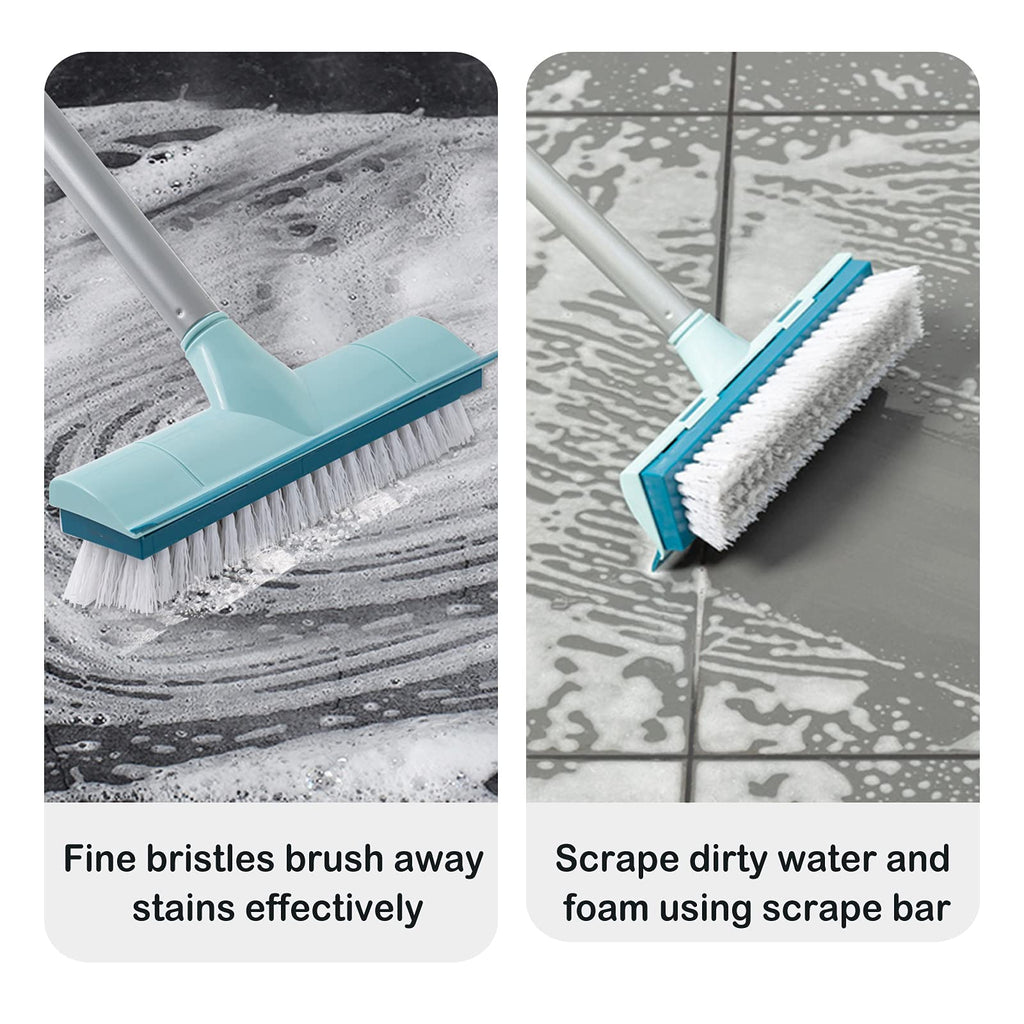 BOOMJOY Floor Scrub Brush with Long Handle, 2 in 1 Scrape and Brush, Stiff Bristles for Cleaning Bathroom, Patio, Garage, Kitchen, Deck, Tile, Blue