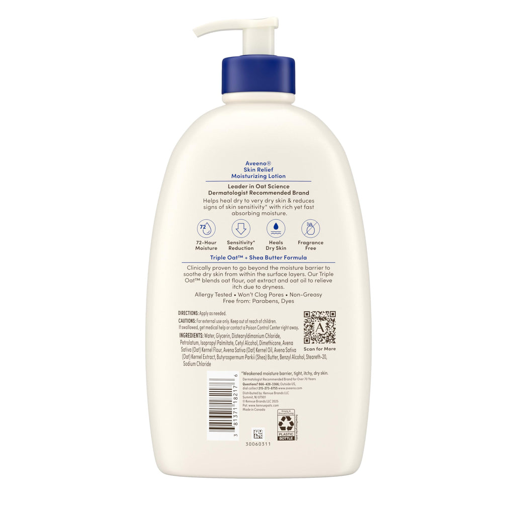 Aveeno Skin Relief Moisturizing Lotion Heals Very Dry, Sensitive Skin, Fast-Absorbing Body Lotion with Triple Oat & Shea Butter, Fragrance Free, Non-Comedogenic, Value Size, 33 fl. oz