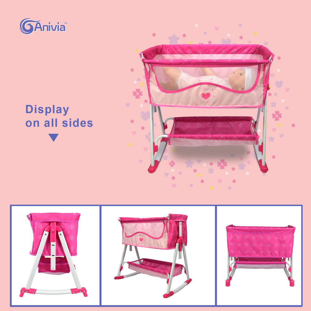 ANIVIA Doll Bed Furniture 2 Function Toy, Doll Bed and Doll Swings Together for 18 inches Baby Dolls, Baby Doll Crib with Bottom (DP601PINK)