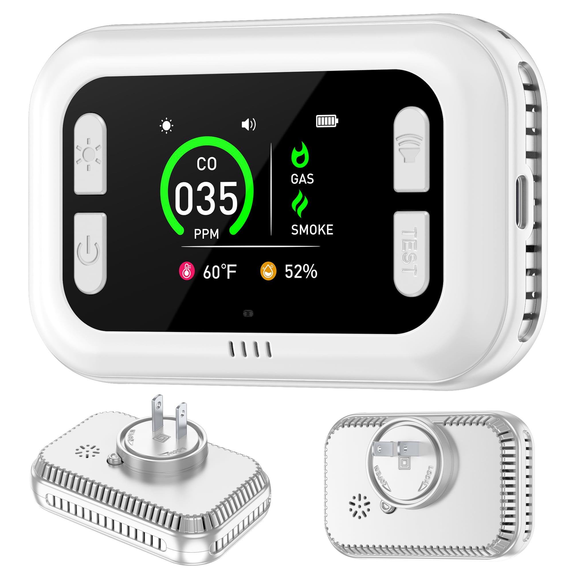 HAKINAKU Plug in 6in1 Smoke & Carbon Monoxide Detector & Combustible Natural Gas Combination Builti-in Backup 1000mAh Battery & HD Screen [Temp Humidity Sensors] for Home Kitchen Hotel (1Pack, White)