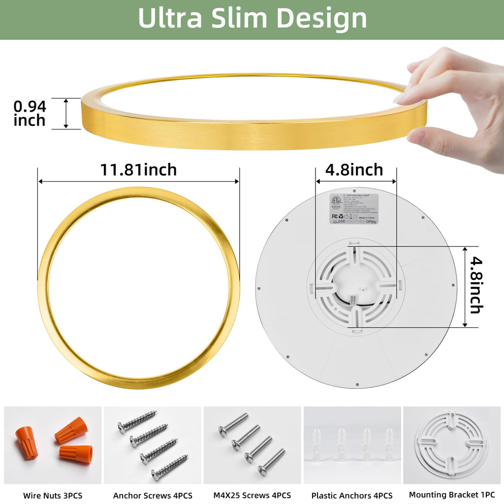 hykolity 12 Inch Selectable CCT LED Round Flat Panel Light, 24W 3000K/4000K/5000K, Edge-Lit Flush Mount Ceiling Light Fixture for Kitchen, Bedroom, Laundry and Closet Room，Gold