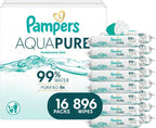 Pampers Aqua Pure Baby Wipes, Unscented, Fragrance Free, 99% Water, Water Based, Multi-Use, 896 Wipes Total (16X Flip-Top Packs)
