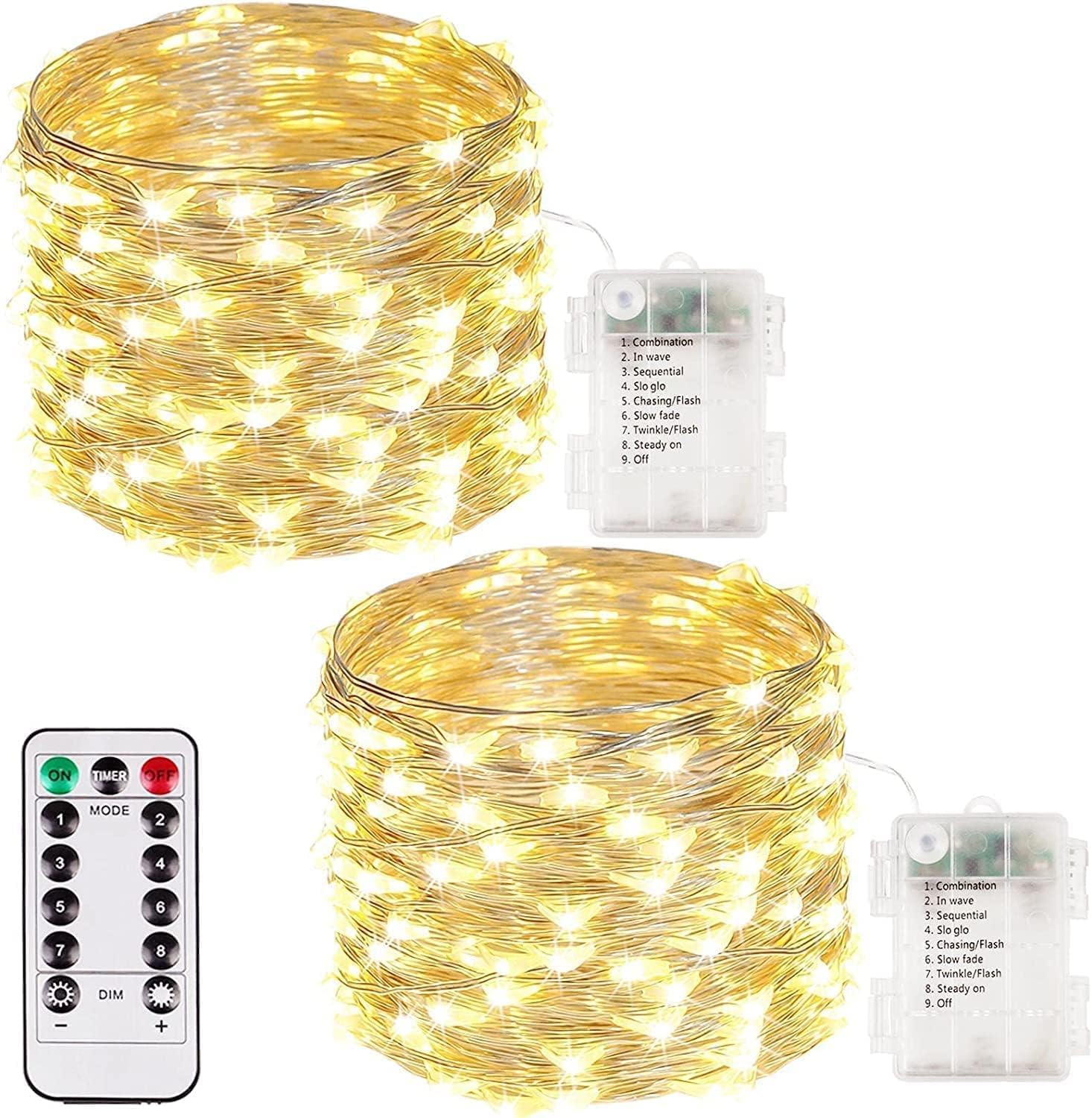 2 Pack 50 LED Fairy Lights Battery Operated with Remote, 16FT Waterproof Twinkle Lights with Timer & 8 Modes, Fairy String Lights Outdoor Indoor for Bedroom Classroom DIY Christmas Decor (Warm White)