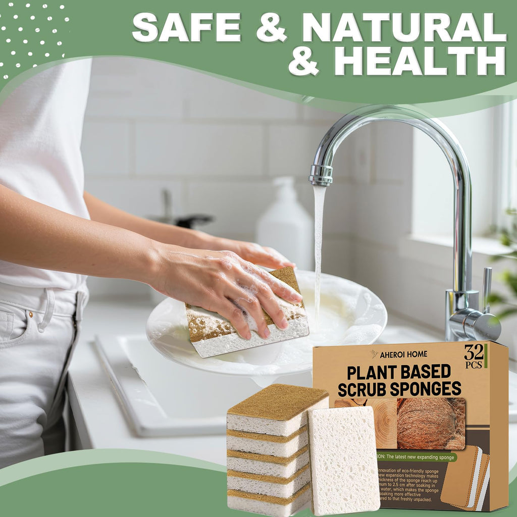 Aheroi Natural Dish Sponge, 32 Count FSC Certified Plant-Based Biodegradable Compostable Kitchen Sponges for Dishes Bulk, Organic Eco Friendly Cleaning Sponge for Bathroom, Household, Non Scratch