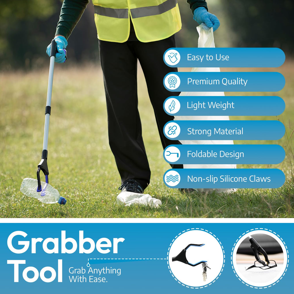 FitPlus 2024 Upgrade PowerGrip T9, Grabber Reacher Tool, Wide Jaw, Foldable, Steel Cable, with 96 Grip Points for Firm Grip, 32" with Magnet (Gray, 32 Inch)