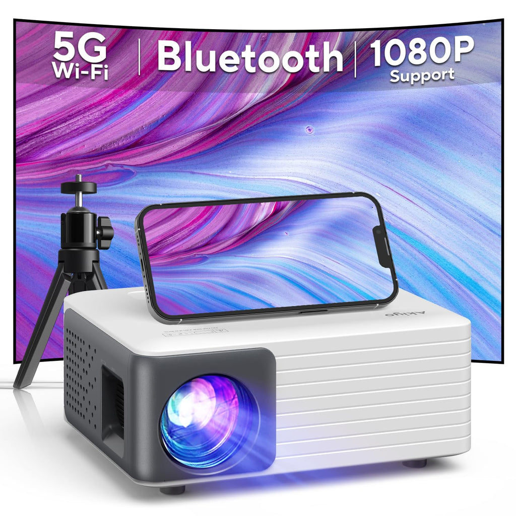 Mini Projector with WiFi and Bluetooth, AKIYO 1080P Supported Projector with Projector Stand, Portable Movie Projector for Home Theater/Outdoor, Compatible with iOS/Android/Laptop/TV Stick/HDMI/PS5