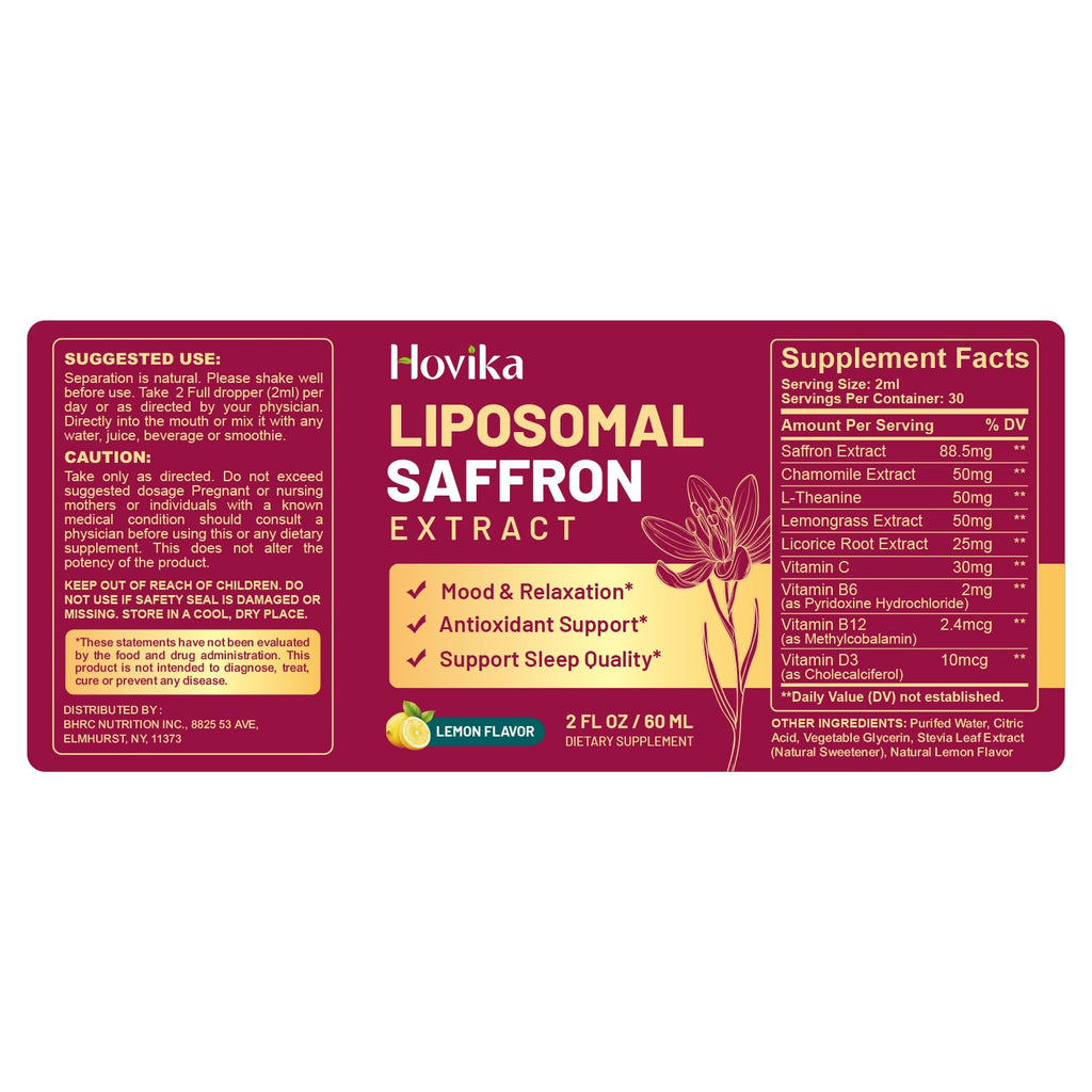 Hovika 2 Pack Liposomal Saffron Supplements - 88.5mg Saffron Extract Liquid Drops with L-Theanine, Chamomile, Vitamin C, B6, B12 & D3 - Lemon Flavor