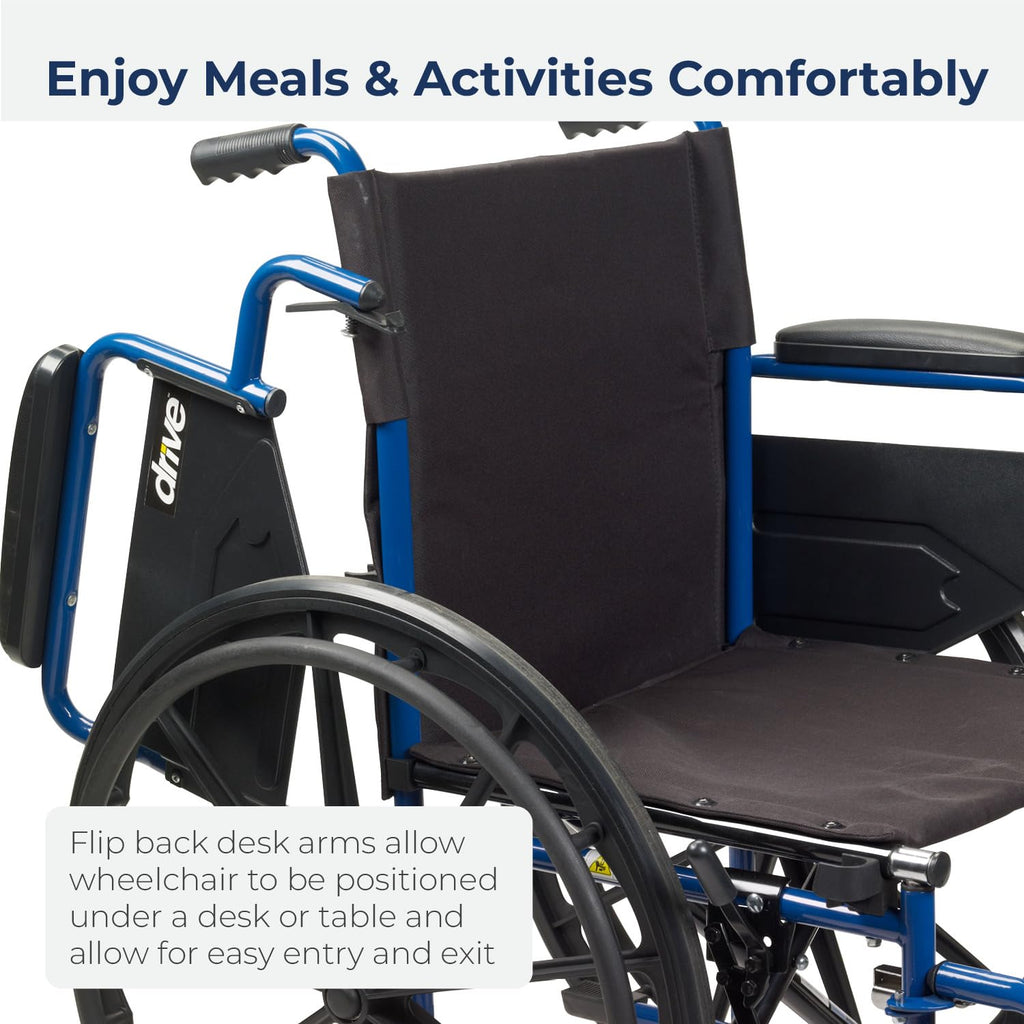 Drive Medical Blue Streak Lightweight Foldable Wheelchair - Enhanced Mobility Support - Durable Construction - Padded Comfort - Swing-Away Leg Rests - Desk Arms - Blue/Black - 16 Inch Seat