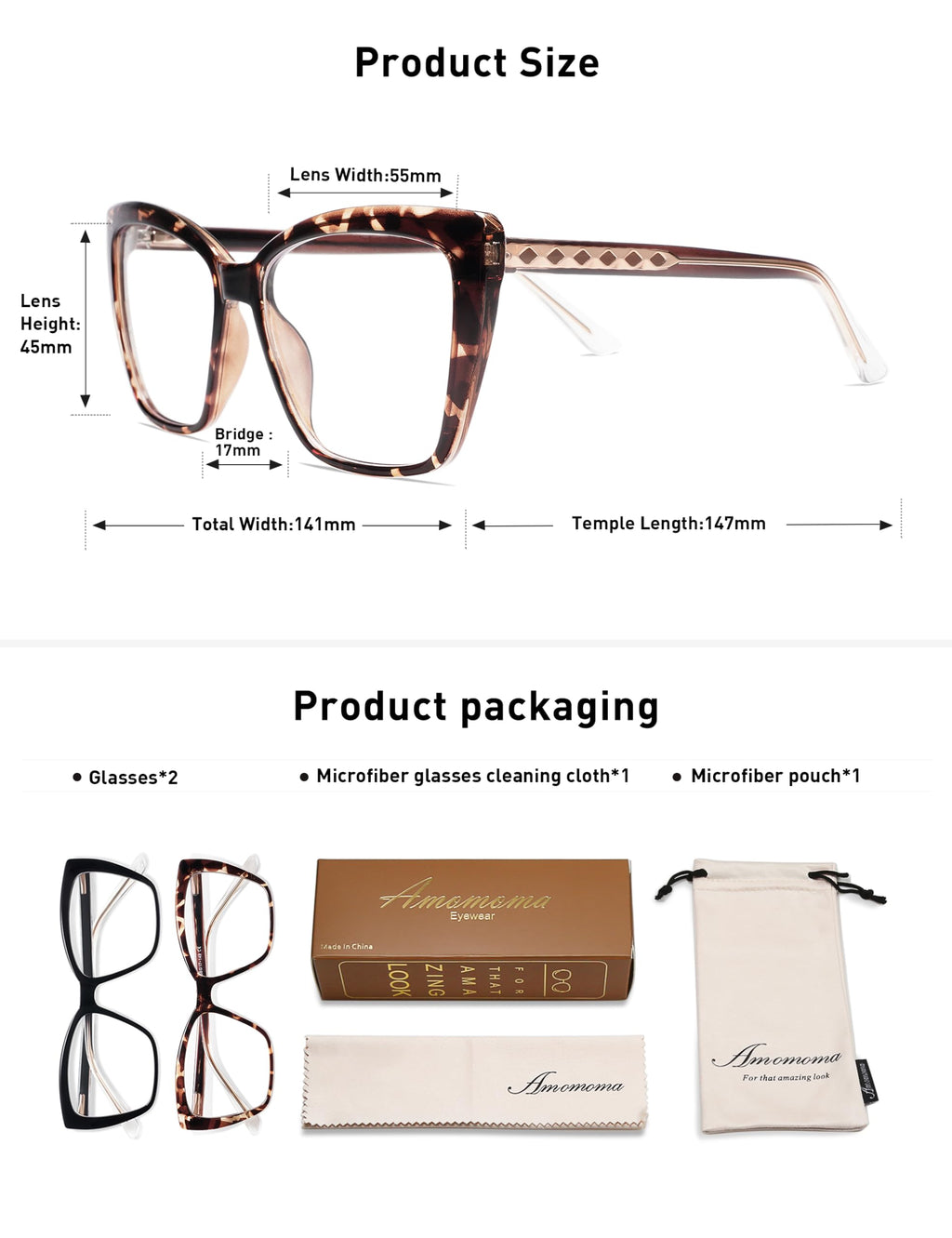 AMOMOMA Trendy TR90 Oversized Blue Light Reading Glasses Women,Stylish Square Cat Eye Glasses AM6031 C1+C6 1.75 x