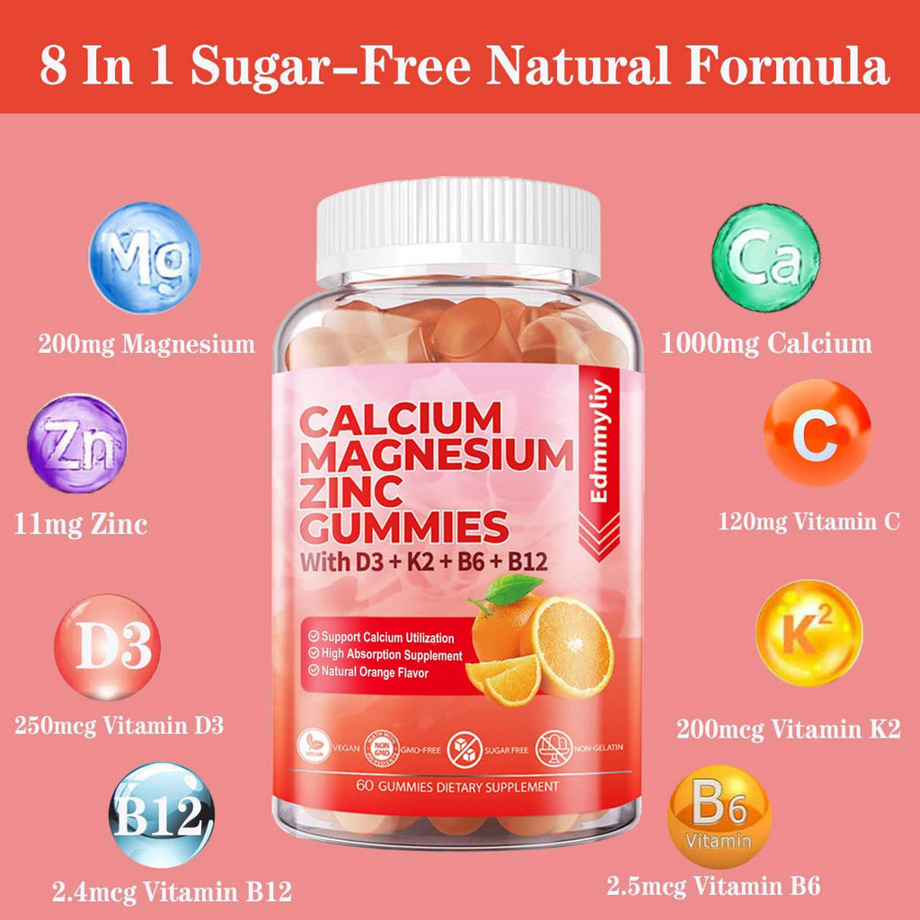 Sugar Free Calcium Magnesium Zinc Supplement Gummies with Vitamin D3 & B12 for Women and Men High Absorption Calcium Magnesium Supplement for Immune Support (120 Counts)