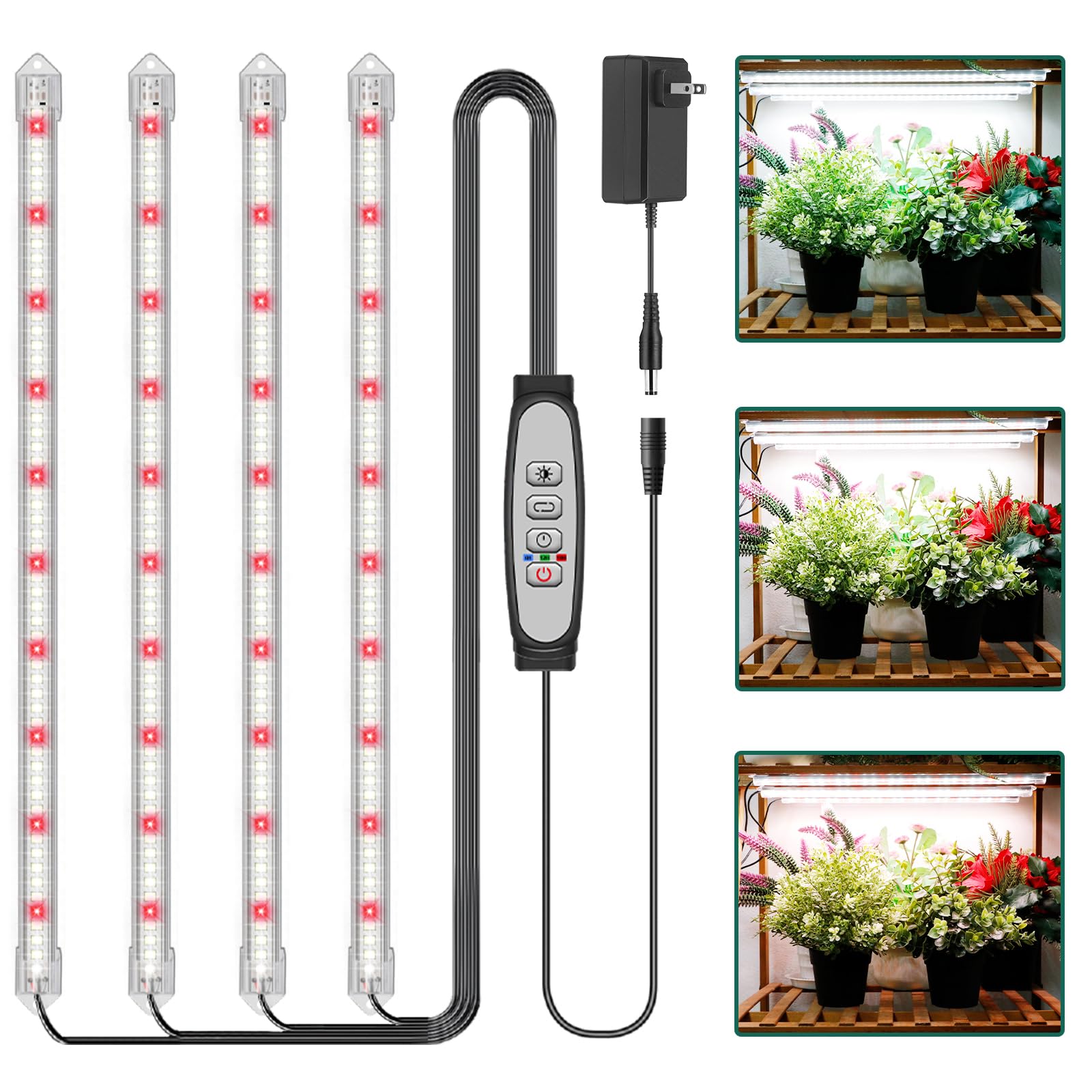 LPMZMBL 4-Bar Grow Light Strips for Indoor Plants, 16" Plant Lights, 6500K Sunlike Grow Lights with 6/12/18H Timer, 5 Dimmable Levels for Indoor Growing