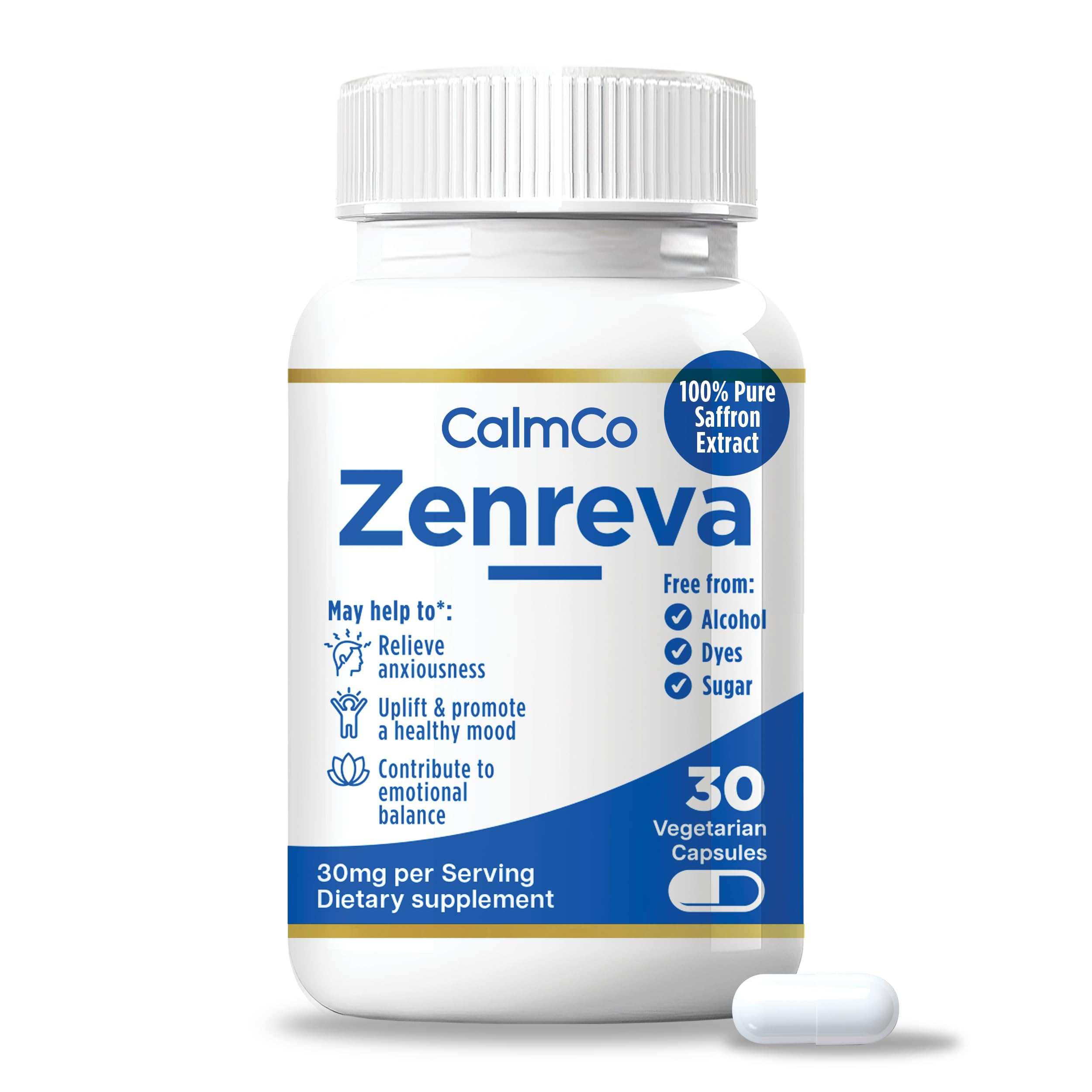 CalmCo Zenreva, Pure Saffron Extract, Non-GMO Vegan Capsules, 30 Count