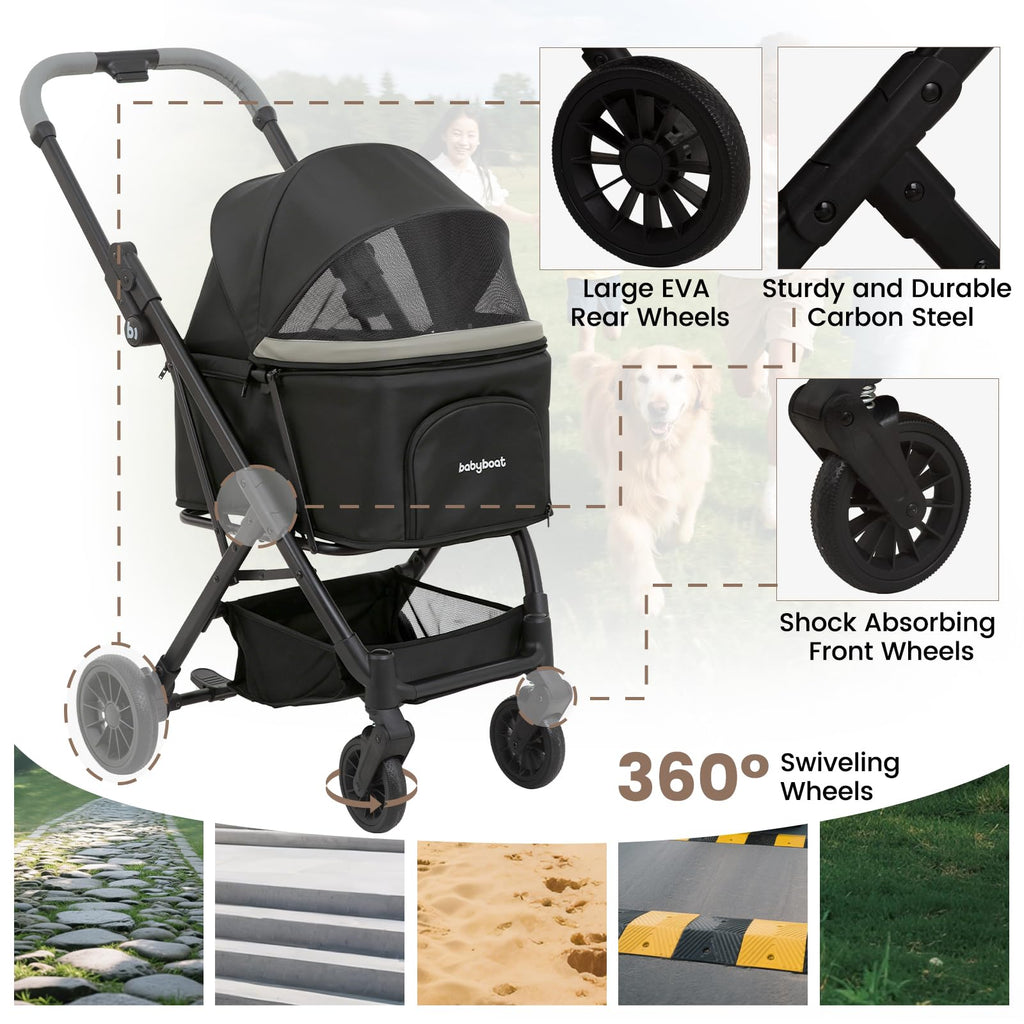Foldable Dog Stroller for Small Dogs Cats Portable Compact Stroller for Pets Up to 35lbs One Click Folding Travel Pet Carriage with Convertible Canopy, Storage Basket - Black