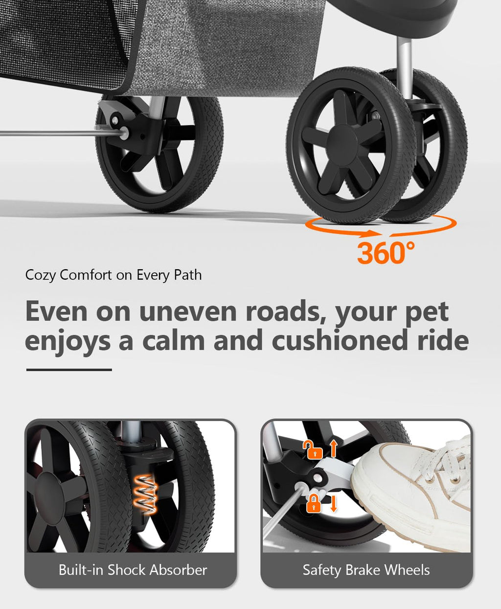OS MOTOR Pet Stroller with 3 Wheels for Small/Medium Pets, Portable Travel Foldable Carrier Jogger for Dog Cat Puppy Kitty, Rear Wheel Breaks, Storage Basket, Visible Mesh with Weather Cover (Gray)