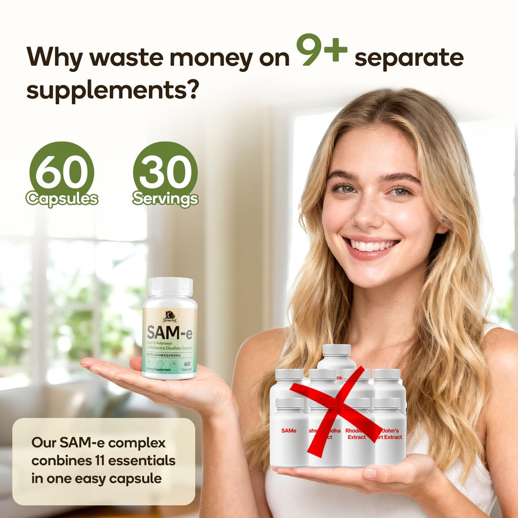 SAM-e Supplement – Capsule Complex with Ashwagandha Extract, L-Theanine, Rhodiola, St. John’s Wort, Omega-3 Fatty Acids, Magnesium, B Vitamins & D3, 60 Capsules