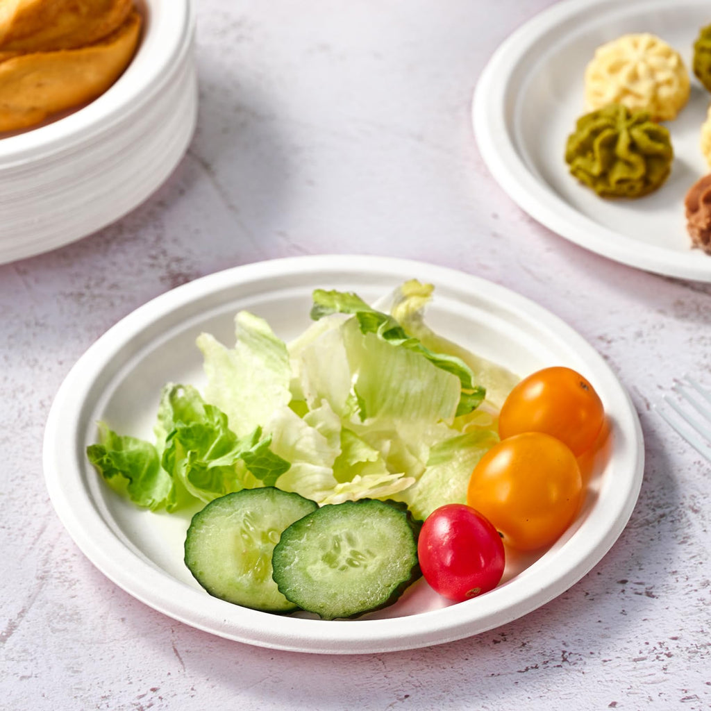Vplus 350 Pack Paper Plates 6.9 inch 100% Compostable, Heavy-Duty Disposable Paper Plates Bagasse Natural Biodegradable Eco-Friendly Sugarcane(White)