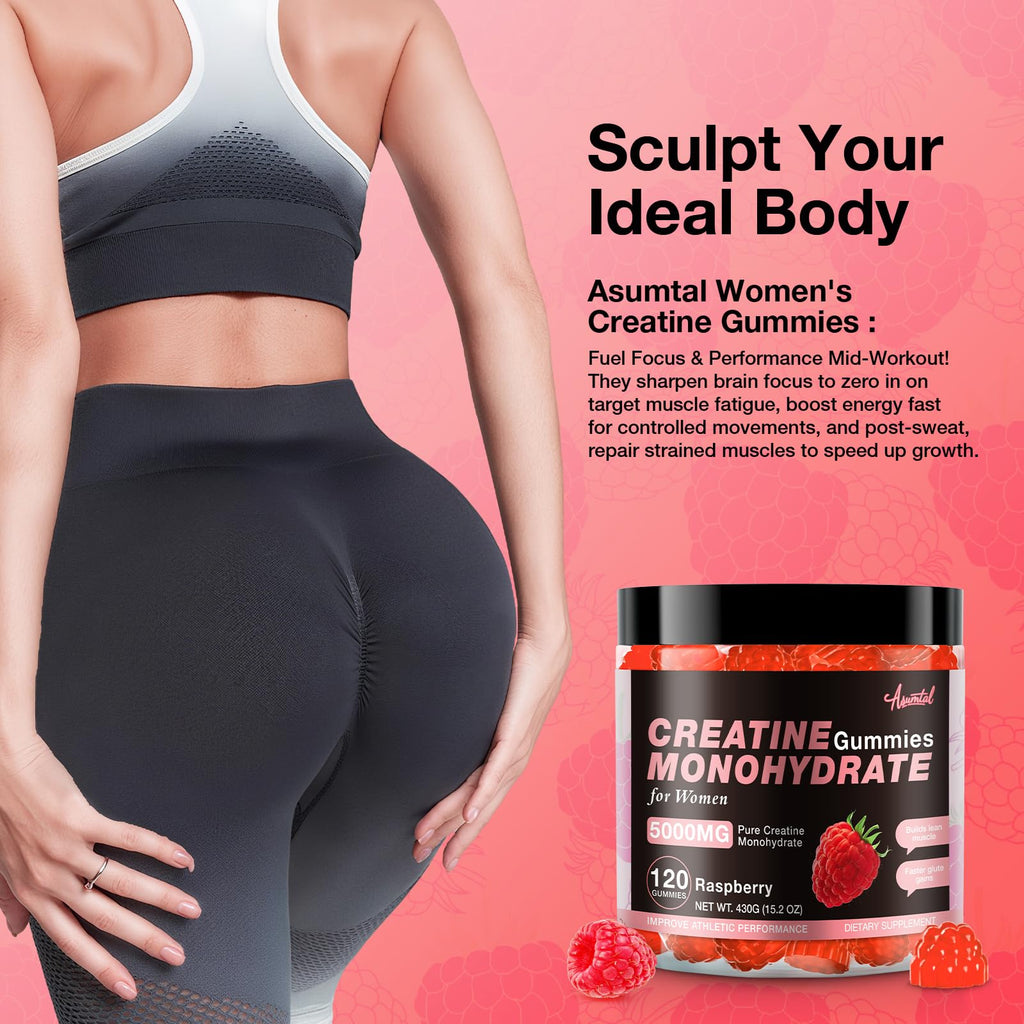 Asumtal Creatine for Women 5000 MG, Creatine Gummies, Creatine Monohydrate Supplement for Muscle Growth, Strength & Energy Support, Sugar Free Pre Workout Gummies 120 Count Raspberry Flavor