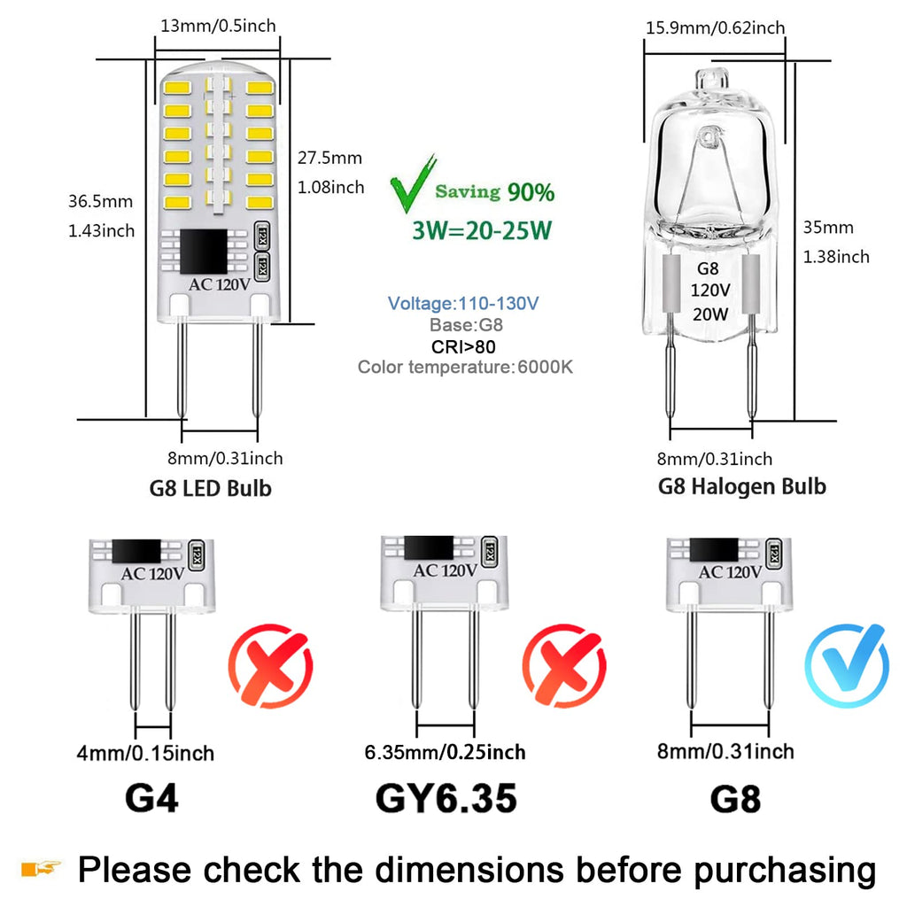 G8 LED Bulb Dimmable 3W Equivalent to T4 JCD Type Bi-Pin G8 Base Halogen Bulb 20W-25W, AC 110-120V Mini G8 Bulb Daylight White 6000K for Under Cabinet Light, Under Counter Kitchen Lighting (10 Pack)
