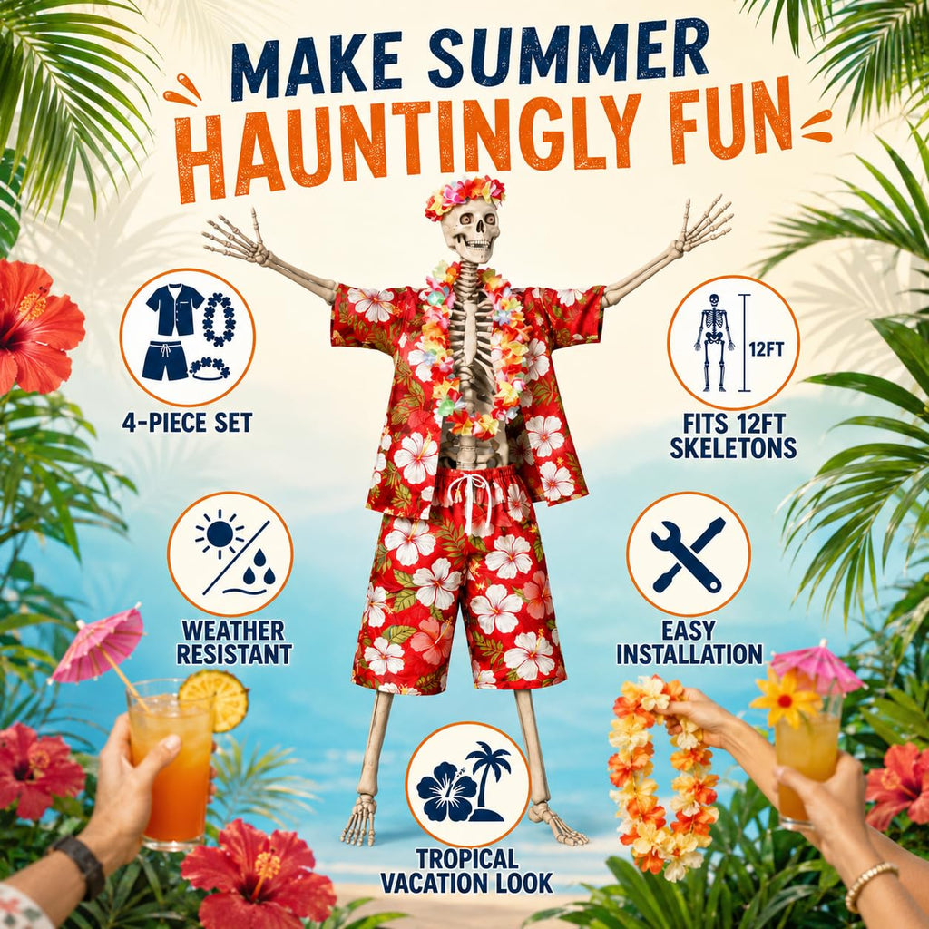 4 Pcs 12 Ft Skeleton Hawaiian Outfit Set Tropical Shirt Shorts Lei Headband