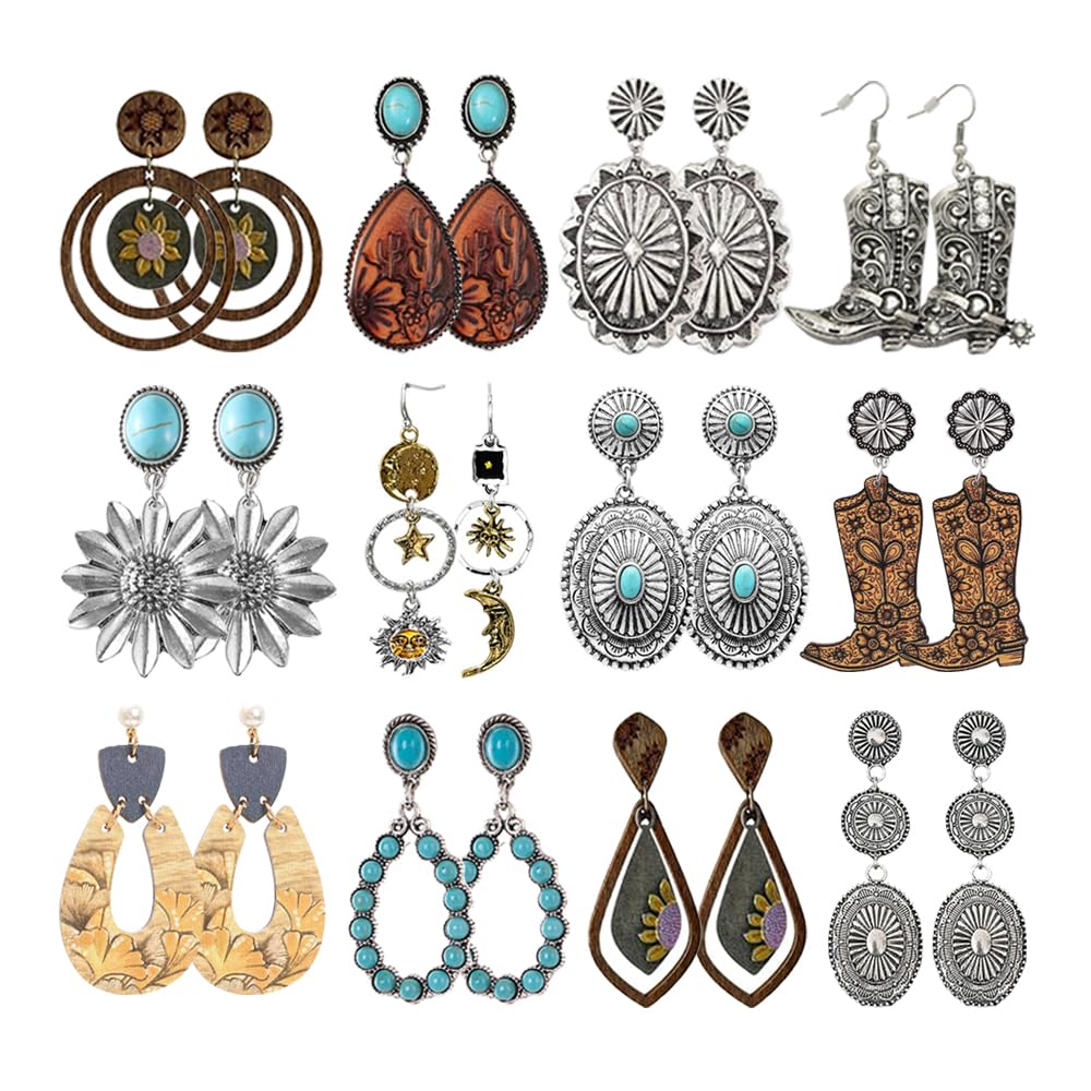 12 Pairs Western Earrings Jewelry for Women Vintage Boho Earrings Oval Turquoise Dangle Earrings Cowgirl Country Concho Dangling Jewelry Set (12 Pairs Western)
