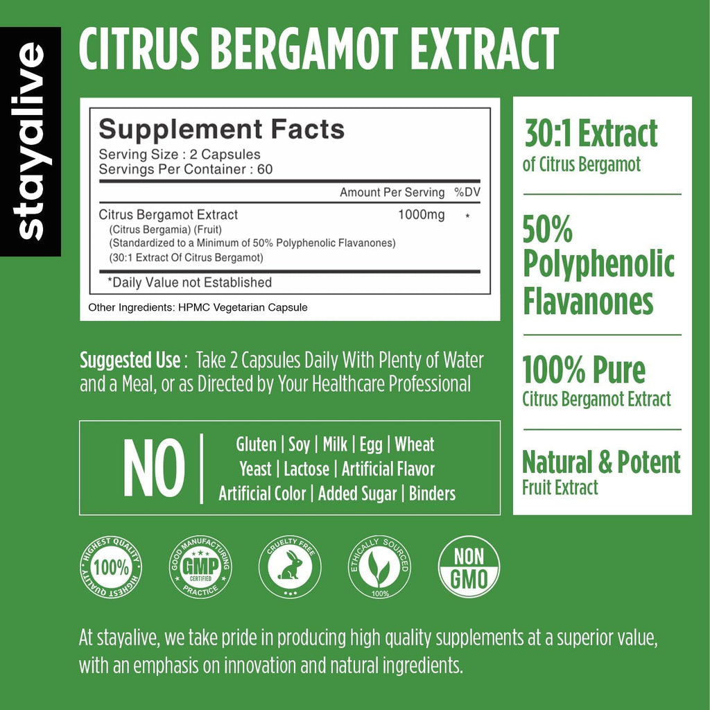 STAY ALIVE Citrus Bergamot Capsules 1000mg, 30:1 Super Extract with 50% Polyphenolic Flavanones, 120 Pills, Citrus Bioflavonoids Supplements for Women & Men | Non-GMO, Gluten-Free
