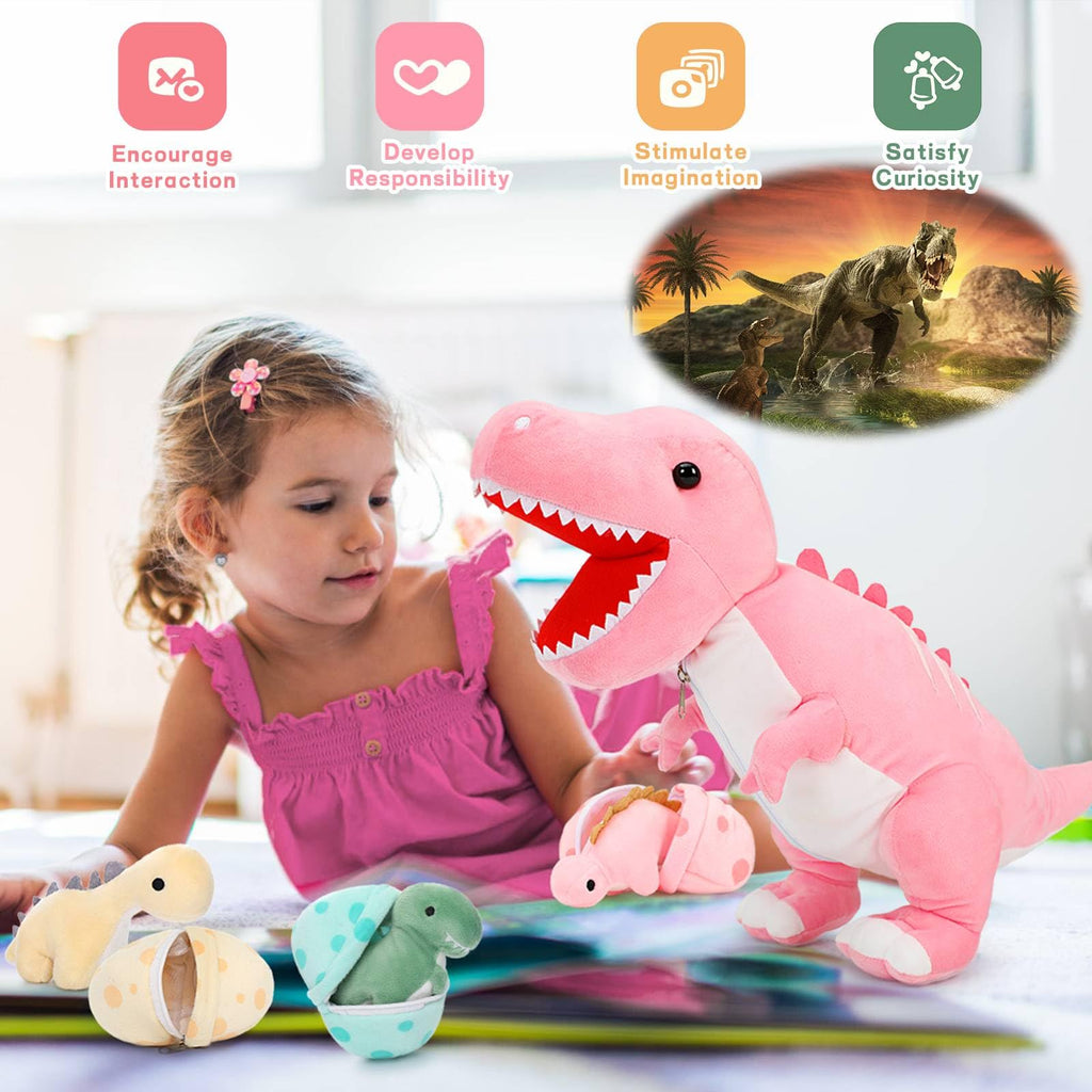 MorisMos Dinosaur Stuffed Animal with Babies, Eggs, Pink, Girl Dinosaur Toy