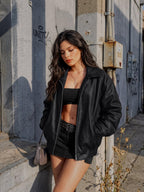 AUTOMET Women's Oversized Faux Leather Jacket for Fall and Winter