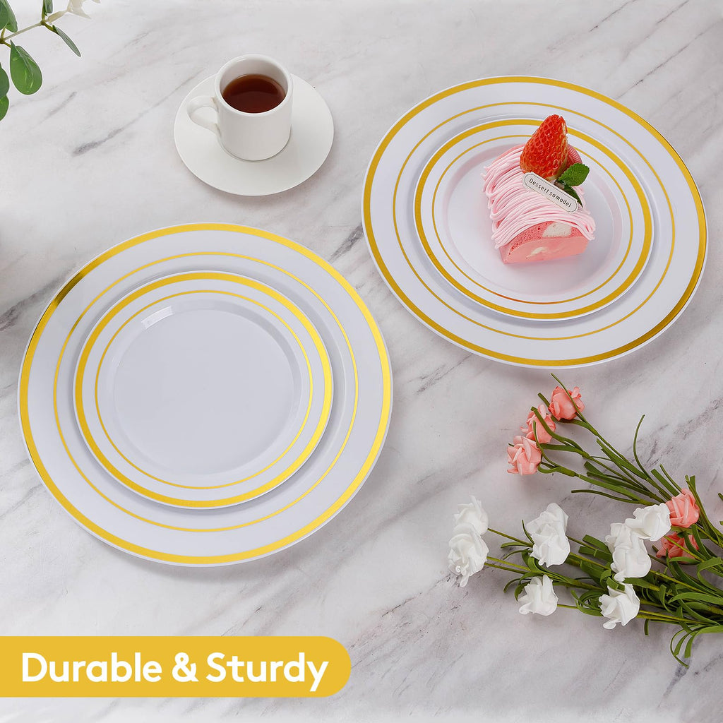 Goodluck 200PCS Gold Plastic Plates, Heavy Duty Disposable Gold Plates with 100 10.25 inch Dinner Plates and 100 7.5 inch Dessert Plates for Party, Holiday, Wedding, Thanksgiving