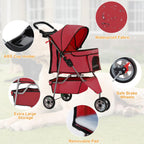 BestPet 3-Wheel Pet Stroller for Dogs & Cats - Folding Travel Carrier with Cup Holder & Removable Liner, Red