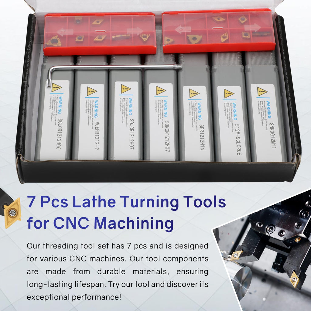 Indexable Lathe Turning Tool 21Pcs Kit 1/2'' 12mm Shank 7 Pcs Metal Lathe Tool Holder Set with 14 Pcs Turning Inserts for Turning Grooving Threading Boring Carbide Inserts Carbide Turning Tool