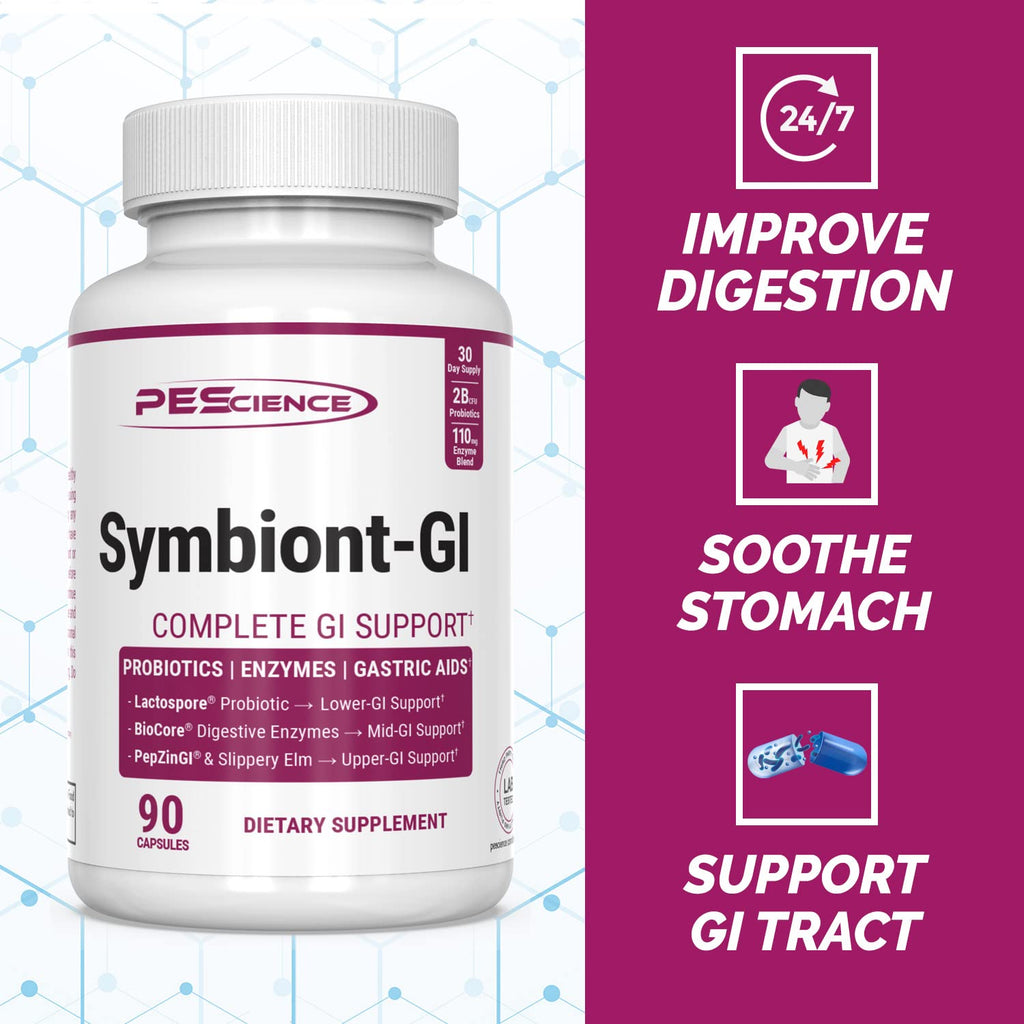 PEScience Symbiont-GI Gut Health Capsules with Zinc Carnosine Pepzin GI, Shelf Stable Probiotic, Digestive Enzymes, Slippery Elm Bark, 30 Day Supply, 90 Capsules