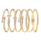 Pack of 6 - Gold Bracelet Bangles Bulk Set for Women,Trendy Stackable, Zinc Alloy Rivet & Four-Leaf Clover Design Stackable Bangles with Rhinestones, 7-inch Circumference Fits Most Adults, Jewelry Gift for Her, Girlfriend, Wife, Mom, Sister, Lover on Birt