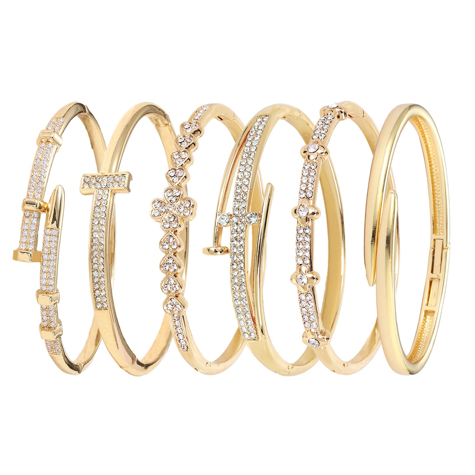 Pack of 6 - Gold Bracelet Bangles Bulk Set for Women,Trendy Stackable, Zinc Alloy Rivet & Four-Leaf Clover Design Stackable Bangles with Rhinestones, 7-inch Circumference Fits Most Adults, Jewelry Gift for Her, Girlfriend, Wife, Mom, Sister, Lover on Birt