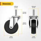 HOLKIE Caster Wheels 3 inch with No Brake Stem Casters, 3/8" -16 x 1-1/2" (Stem Diameter 3/8", Stem Length 1-1/2") Threaded Swivel Casters Set of 4 Heavy Duty Castors Black