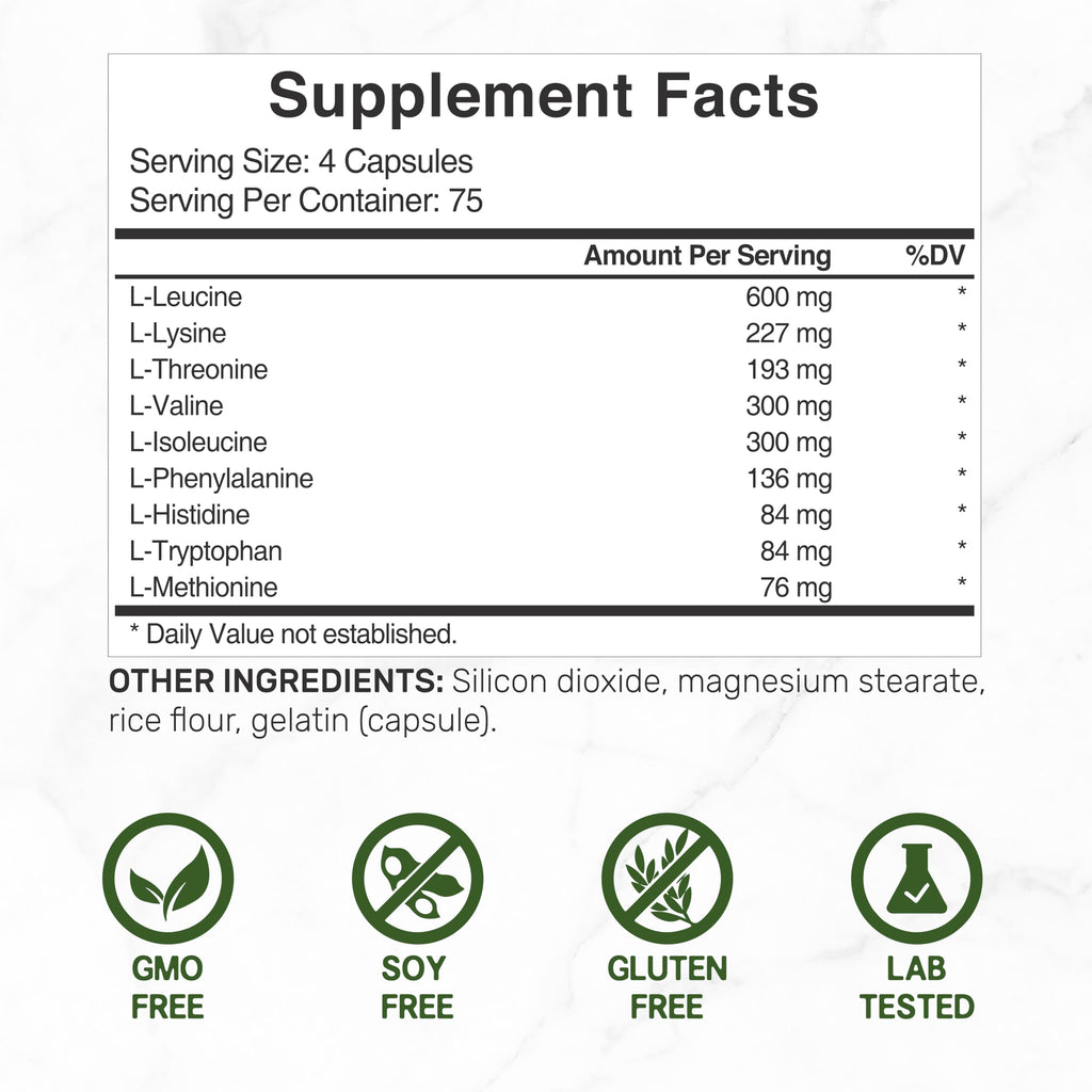 Essential Amino Acids (EAA) 2000mg Per Serving, 300 Capsules – Unflavored - 9 in 1, All BCAAs (Branched-Chain Aminos) – Lean Muscle Support & Natural Pre Workout Supplement