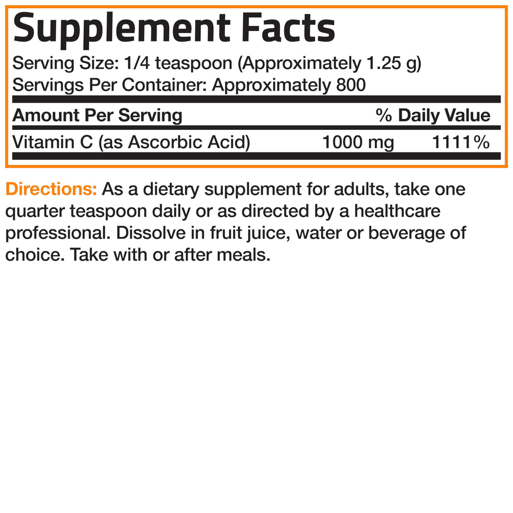 Bronson Vitamin C Powder Pure Ascorbic Acid Soluble Fine Non GMO Crystals – Promotes Healthy Immune System and Cell Protection – Powerful Antioxidant - 1 Kilogram (2.2 Lbs)
