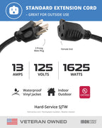 Iron Forge Cable Black Outdoor Extension Cord 50 ft, 16/3, 50 Foot Outdoor Extension Cord, 3 Prong, Weatherproof - Great for Outside Use