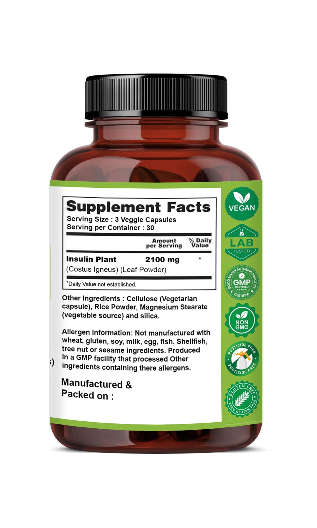Naturfi Organic- Insulin Plant Capsules (Costus Igneus), USDA Organic | 100% Natural Supplement, 90 Veggie Caps (1 Month Supply) - Insulin Plant