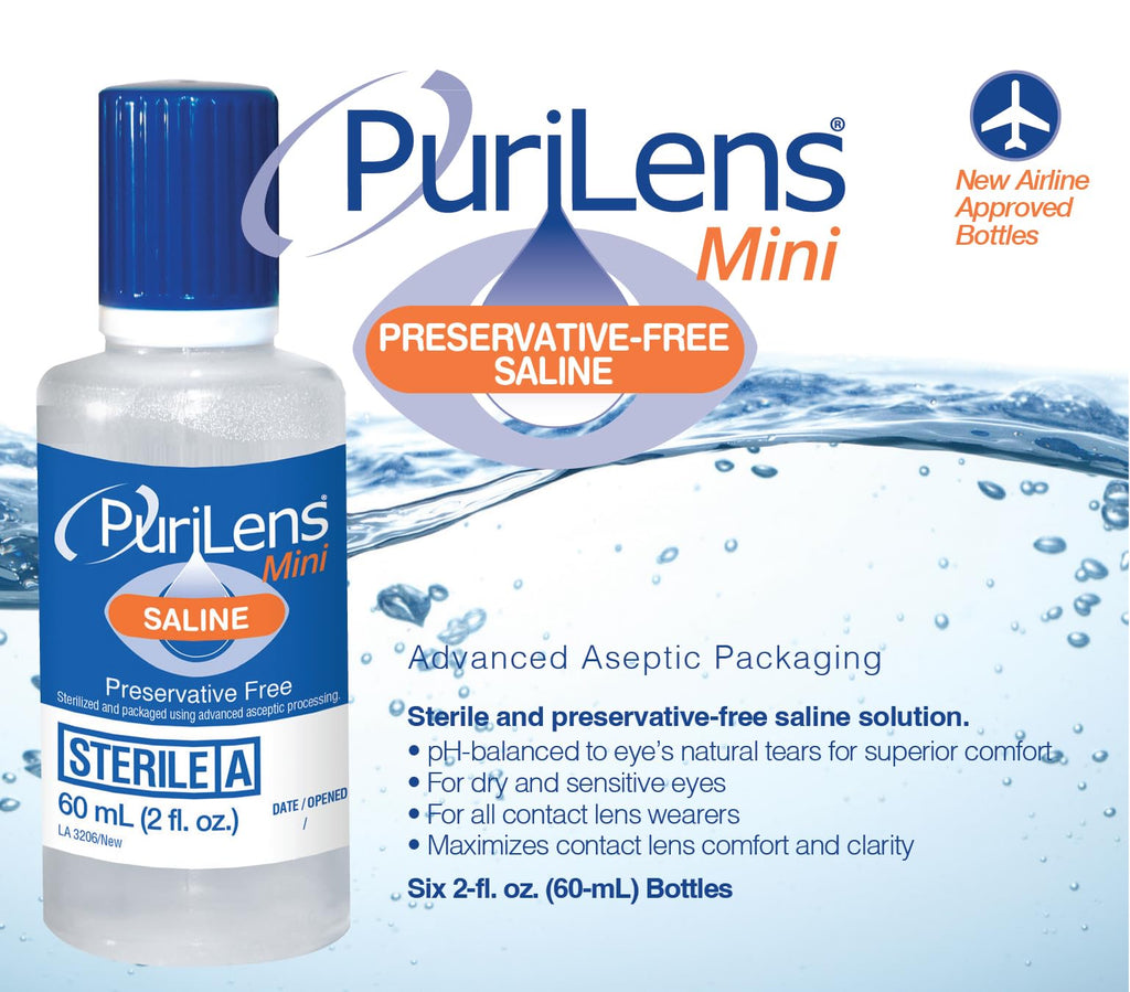 Purilens Mini Preservative-Free Contact Lens Saline 60ml (2 fl. oz.) 6 Pack