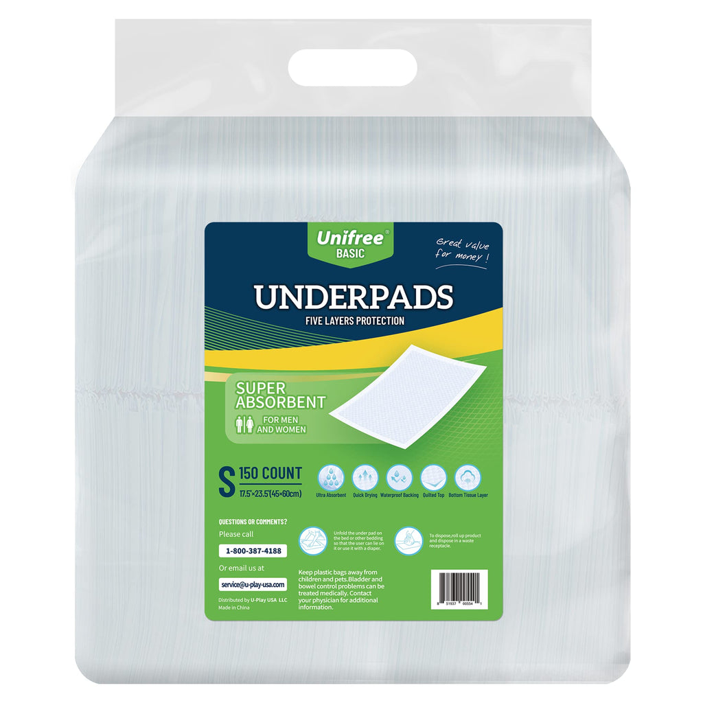 Unifree Disposable Underpad, Bed Pads, Incontinence Pad, Super Absorbent, 100 Count, Blue (M 24x24 Inch)
